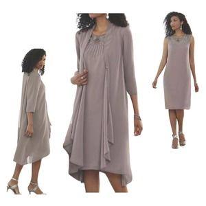 Midnight Velvet Beaded Shift Taupe Cocktail Formal Dinner Fall Jacket Dress Suit